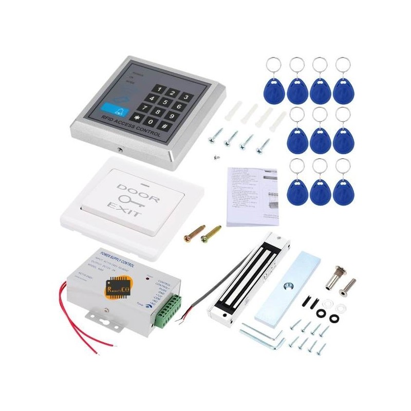 RFID Door Access Control System Kit DIY +180KG Electric Magnetic Lock+ 10pcs Rfid Keyfobs tags + Power Supply + Exit Button
